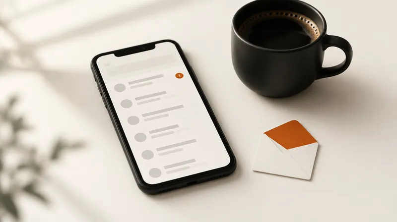 Phone showing an email inbox beside a coffee cup